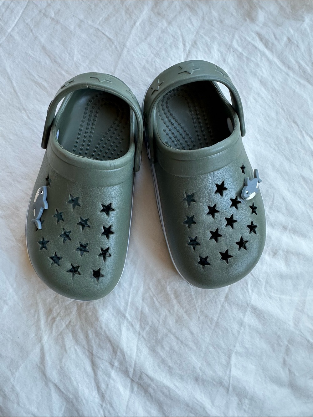 Koala Kids Olive Green Star-Detail Clogs with Shark Charms